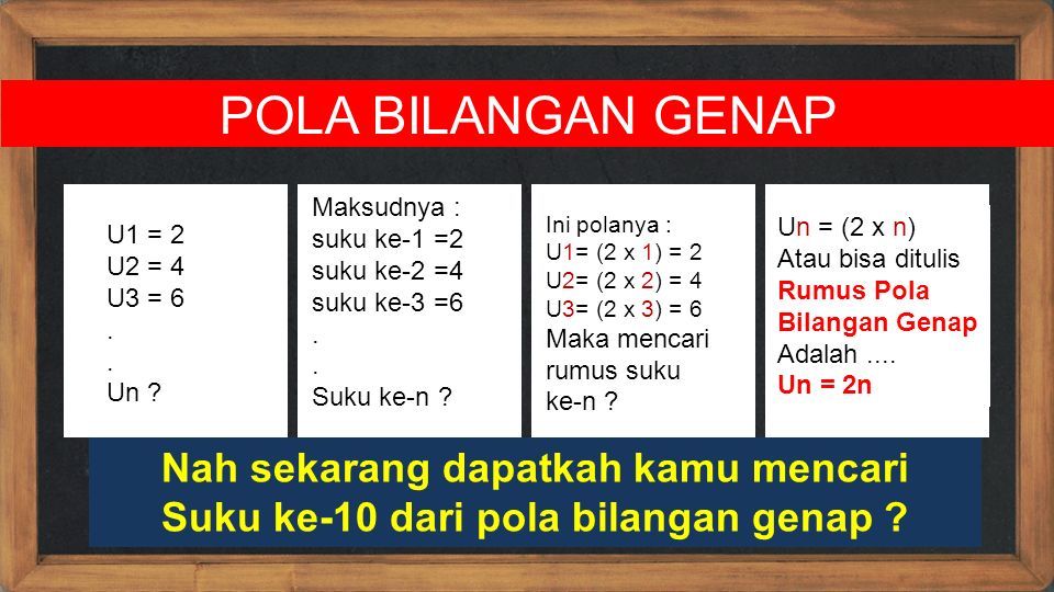 POLA BILANGAN GENAP U1 = 2 U2 = 4 U3 = 6. Un . Maksudnya : suku ke-1 =2 suku ke-2 =4 suku ke-3 =6.
