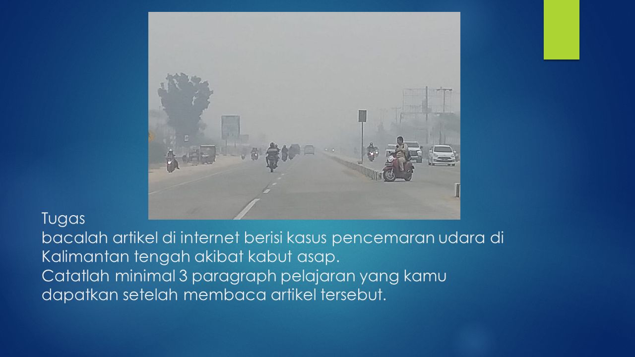 Tugas bacalah artikel di internet berisi kasus pencemaran udara di Kalimantan tengah akibat kabut asap.