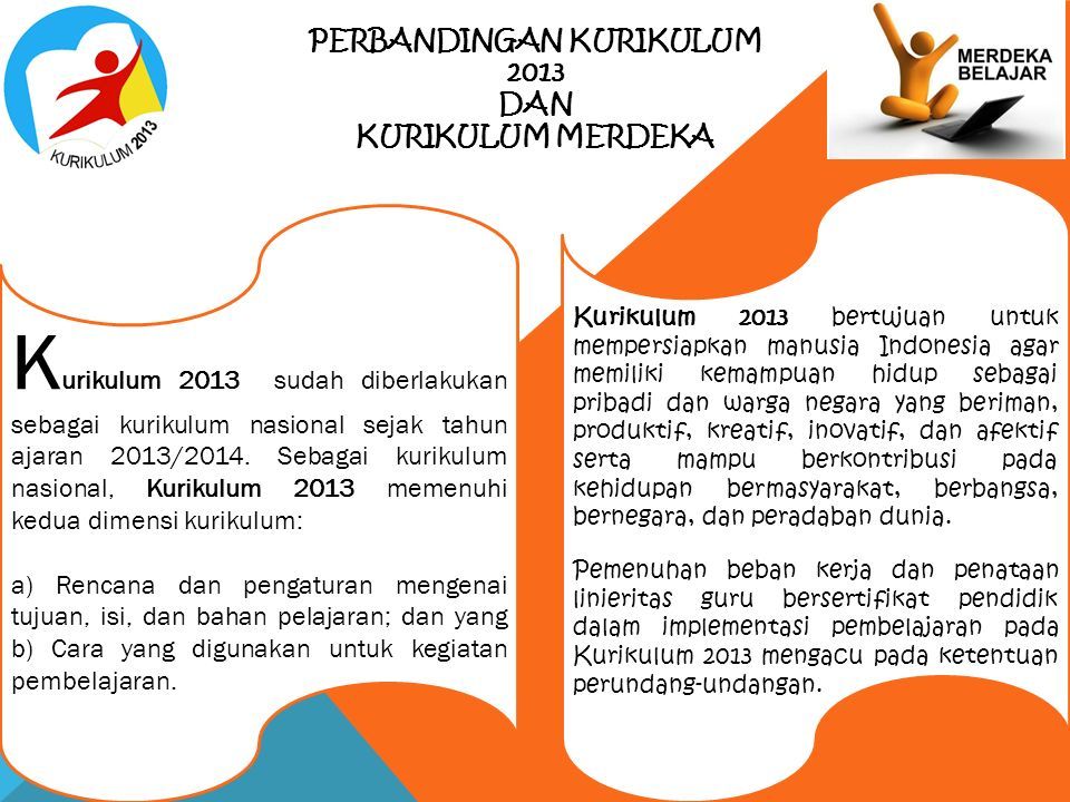 PERBANDINGAN KURIKULUM 2013 DAN KURIKULUM MERDEKA K urikulum 2013 sudah diberlakukan sebagai kurikulum nasional sejak tahun ajaran 2013/2014.