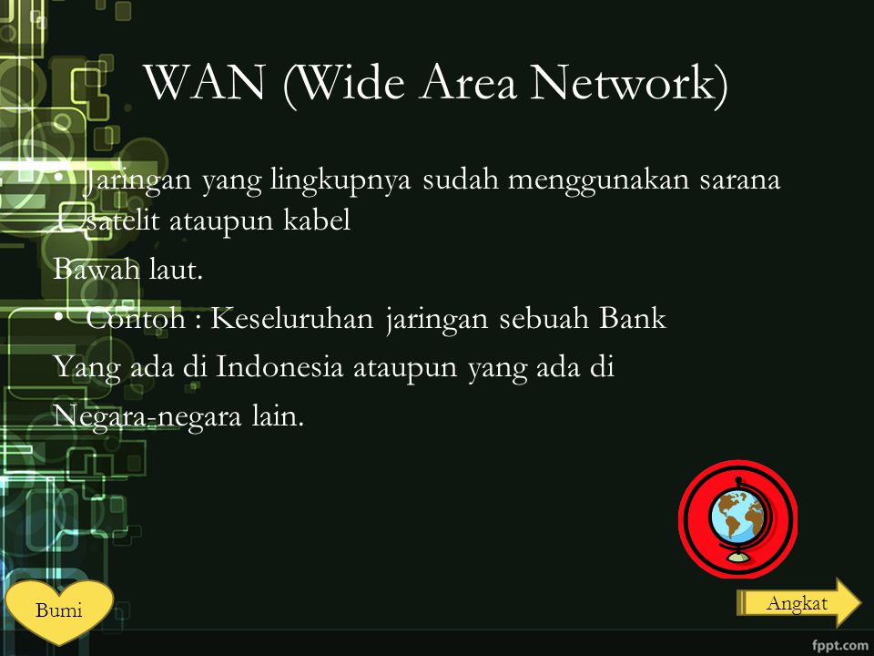 WAN (Wide Area Network) Jaringan yang lingkupnya sudah menggunakan sarana satelit ataupun kabel Bawah laut.