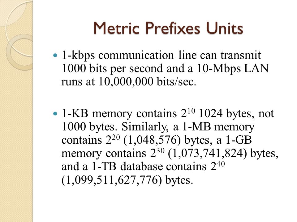 1-kbps communication line can transmit 1000 bits per second and a 10-Mbps LAN runs at 10,000,000 bits/sec.