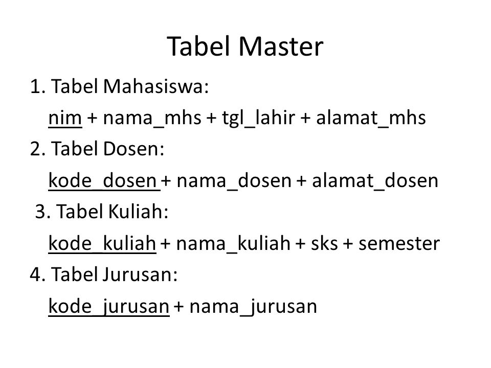 Tabel Master 1. Tabel Mahasiswa: nim + nama_mhs + tgl_lahir + alamat_mhs 2.
