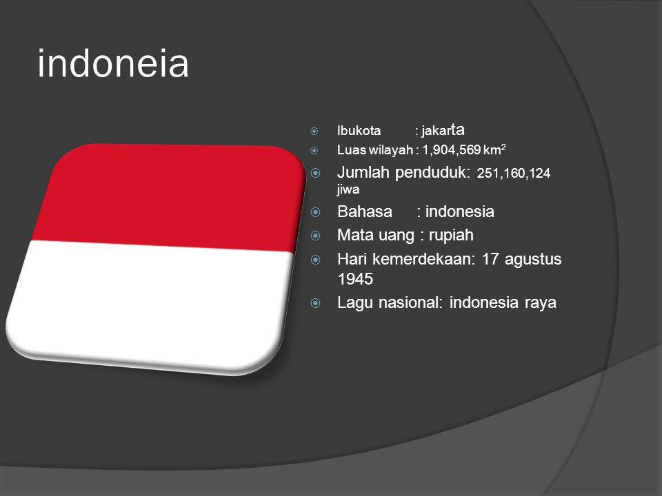 indoneia  Ibukota : jakar ta  Luas wilayah : 1,904,569 km 2  Jumlah penduduk: 251,160,124 jiwa  Bahasa : indonesia  Mata uang : rupiah  Hari kemerdekaan: 17 agustus 1945  Lagu nasional: indonesia raya