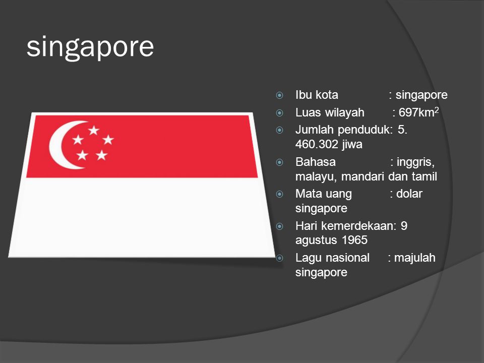 singapore  Ibu kota : singapore  Luas wilayah : 697km 2  Jumlah penduduk: 5.