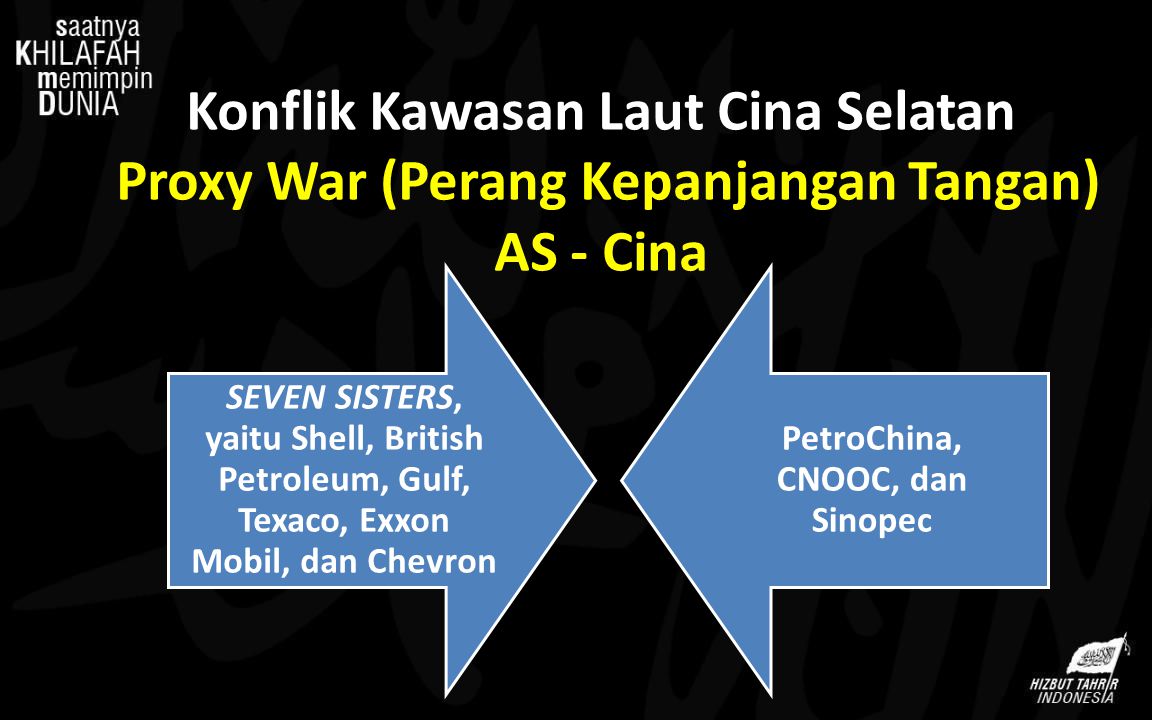 Konflik Kawasan Laut Cina Selatan Proxy War (Perang Kepanjangan Tangan) AS - Cina SEVEN SISTERS, yaitu Shell, British Petroleum, Gulf, Texaco, Exxon Mobil, dan Chevron PetroChina, CNOOC, dan Sinopec