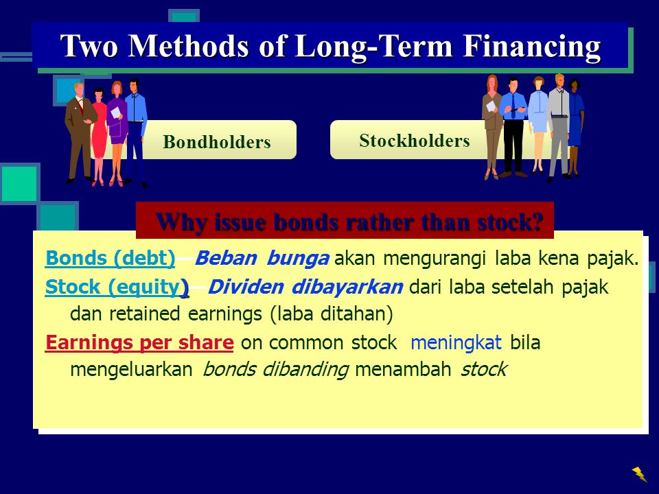 Bondholders Bonds (debt)—Beban bunga akan mengurangi laba kena pajak.