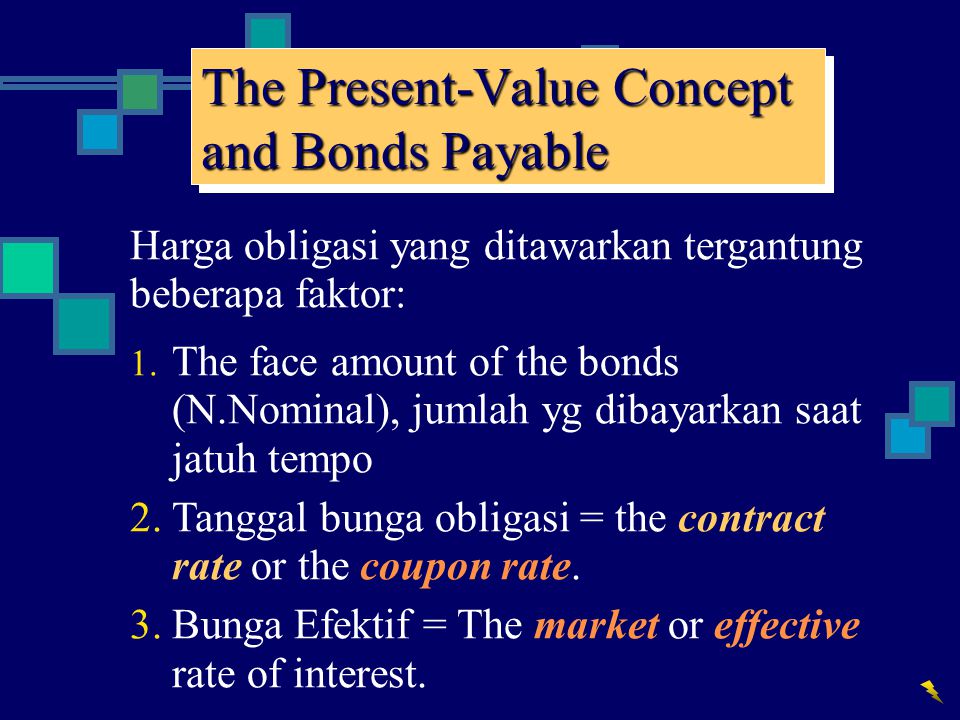 The Present-Value Concept and Bonds Payable Harga obligasi yang ditawarkan tergantung beberapa faktor: 1.