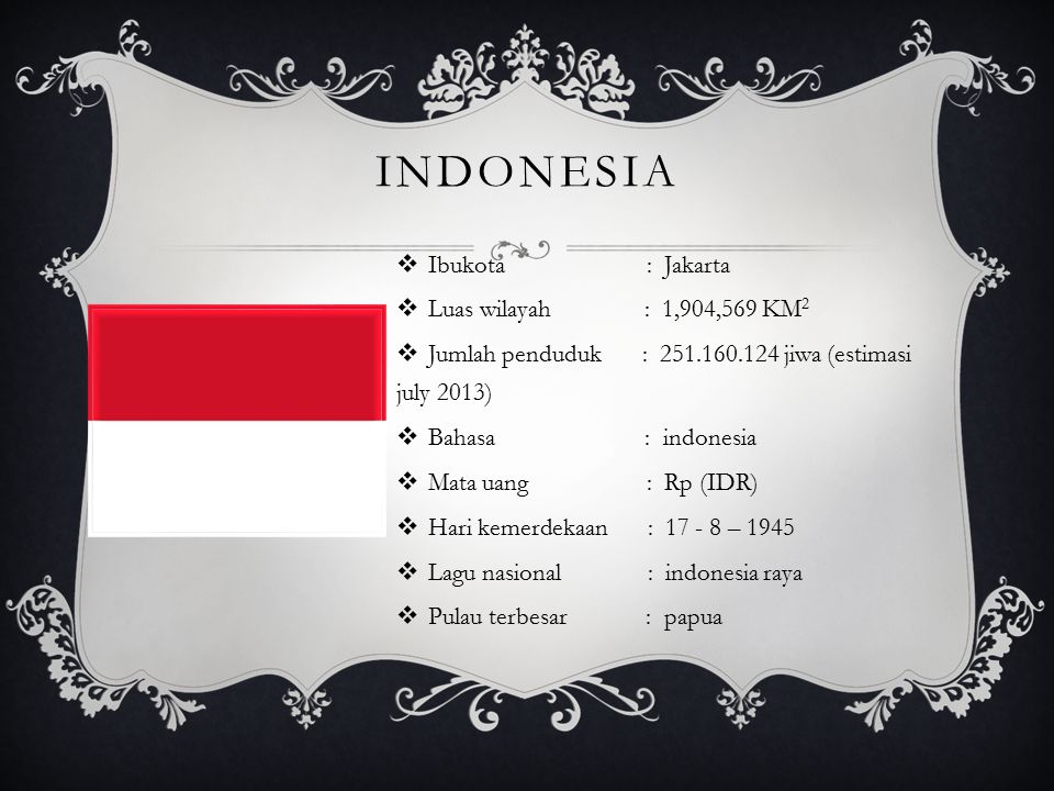 INDONESIA  Ibukota : Jakarta  Luas wilayah : 1,904,569 KM 2  Jumlah penduduk : jiwa (estimasi july 2013)  Bahasa : indonesia  Mata uang : Rp (IDR)  Hari kemerdekaan : – 1945  Lagu nasional : indonesia raya  Pulau terbesar : papua