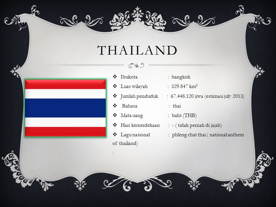 THAILAND  Ibukota : bangkok  Luas wilayah : km 2  Jumlah penduduk : jiwa (estimasi july 2013)  Bahasa : thai  Mata uang : baht (THB)  Hari kemerdekaan : - ( tidak pernah di jajah)  Lagu nasional : phleng chat thai ( national anthem of thailand) :