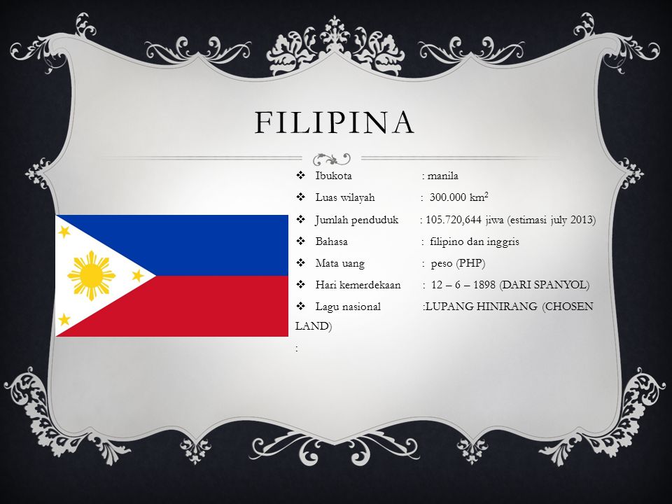 FILIPINA  Ibukota : manila  Luas wilayah : km 2  Jumlah penduduk : ,644 jiwa (estimasi july 2013)  Bahasa : filipino dan inggris  Mata uang : peso (PHP)  Hari kemerdekaan : 12 – 6 – 1898 (DARI SPANYOL)  Lagu nasional :LUPANG HINIRANG (CHOSEN LAND) :