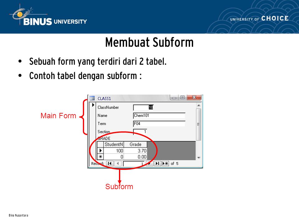 Bina Nusantara Membuat Subform Sebuah form yang terdiri dari 2 tabel.