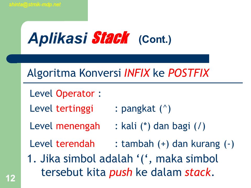 12 Aplikasi Stack Algoritma Konversi INFIX ke POSTFIX 1.
