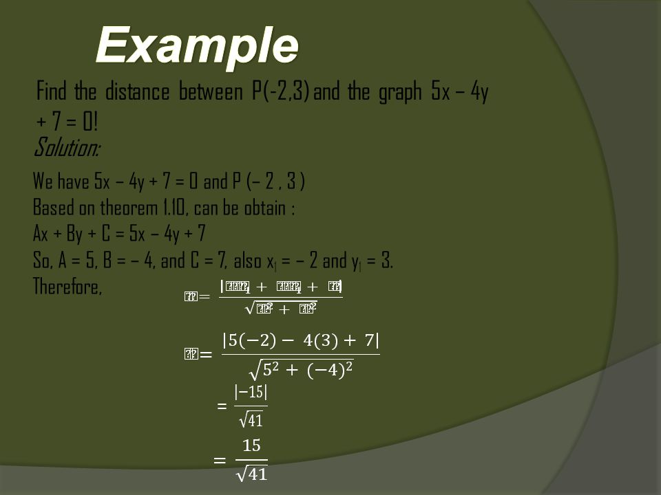 Find the distance between P(-2,3) and the graph 5x – 4y + 7 = 0.