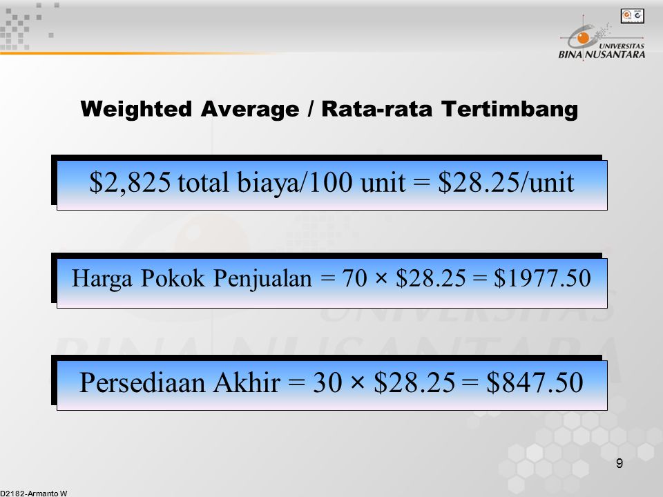 D2182-Armanto W 8 Weighted Average / Rata-rata Tertimbang 25 $31 (Okt) 55 $30 (Mei) 20 $20 (Jan) = $ 775 = 1,650 = 400 = $2,825 Total Biaya 100 Total Unit