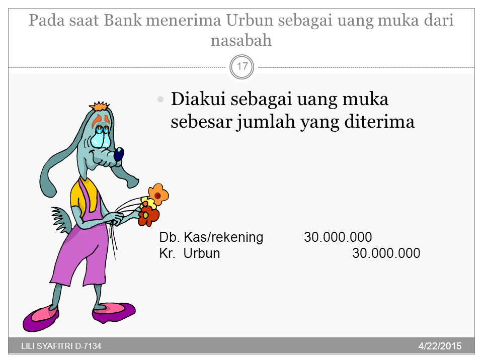 Pada saat Bank menerima Urbun sebagai uang muka dari nasabah Diakui sebagai uang muka sebesar jumlah yang diterima Db.