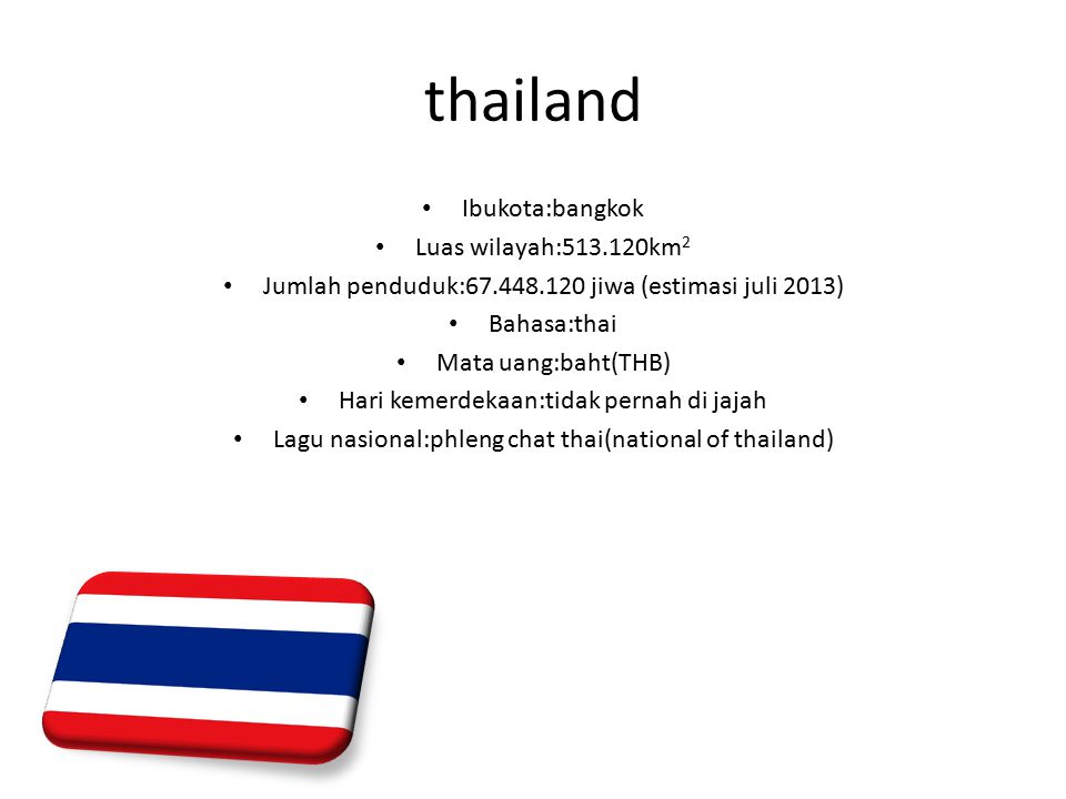 thailand Ibukota:bangkok Luas wilayah: km 2 Jumlah penduduk: jiwa (estimasi juli 2013) Bahasa:thai Mata uang:baht(THB) Hari kemerdekaan:tidak pernah di jajah Lagu nasional:phleng chat thai(national of thailand)