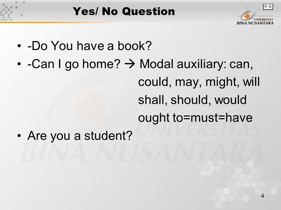 4 Yes/ No Question -Do You have a book. -Can I go home.