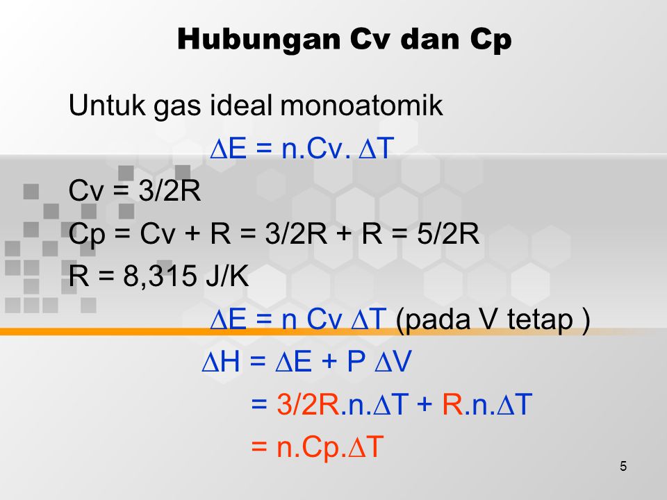 5 Hubungan Cv dan Cp Untuk gas ideal monoatomik  E = n.Cv.