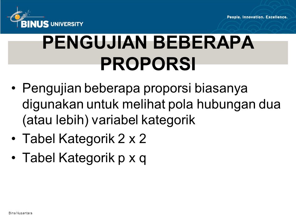 Bina Nusantara PENGUJIAN BEBERAPA PROPORSI Pengujian beberapa proporsi biasanya digunakan untuk melihat pola hubungan dua (atau lebih) variabel kategorik Tabel Kategorik 2 x 2 Tabel Kategorik p x q