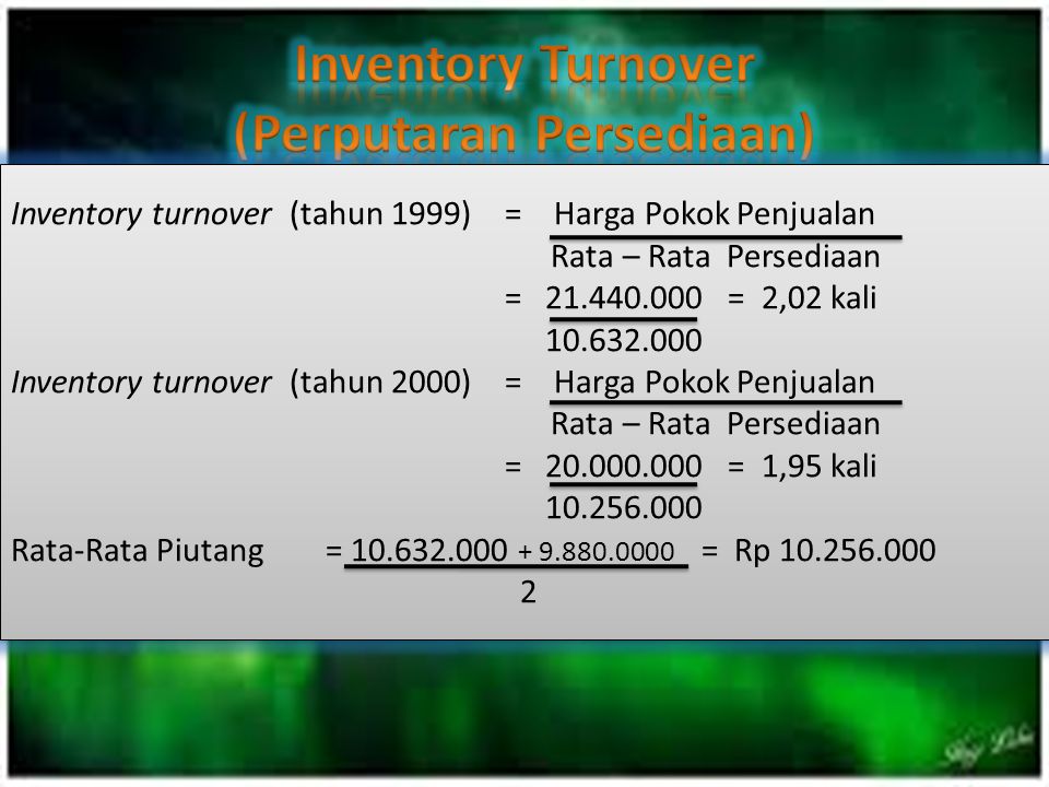 Inventory turnover (tahun 1999)= Harga Pokok Penjualan Rata – Rata Persediaan = = 2,02 kali Inventory turnover (tahun 2000)= Harga Pokok Penjualan Rata – Rata Persediaan = = 1,95 kali Rata-Rata Piutang= = Rp Inventory turnover (tahun 1999)= Harga Pokok Penjualan Rata – Rata Persediaan = = 2,02 kali Inventory turnover (tahun 2000)= Harga Pokok Penjualan Rata – Rata Persediaan = = 1,95 kali Rata-Rata Piutang= = Rp
