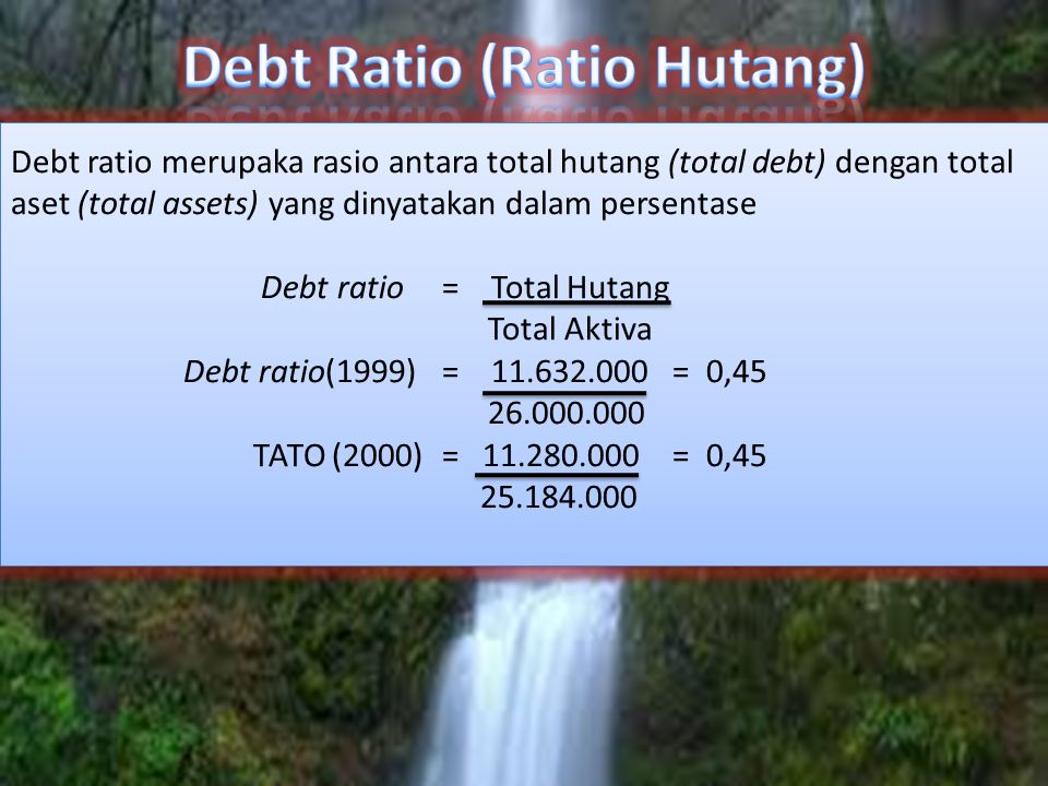 Debt ratio merupaka rasio antara total hutang (total debt) dengan total aset (total assets) yang dinyatakan dalam persentase Debt ratio = Total Hutang Total Aktiva Debt ratio(1999) = = 0, TATO (2000) = = 0, Debt ratio merupaka rasio antara total hutang (total debt) dengan total aset (total assets) yang dinyatakan dalam persentase Debt ratio = Total Hutang Total Aktiva Debt ratio(1999) = = 0, TATO (2000) = = 0,