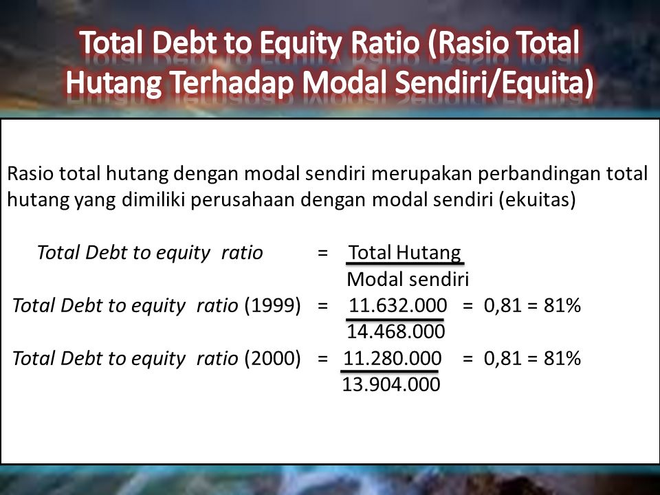 Rasio total hutang dengan modal sendiri merupakan perbandingan total hutang yang dimiliki perusahaan dengan modal sendiri (ekuitas) Total Debt to equity ratio= Total Hutang Modal sendiri Total Debt to equity ratio (1999) = = 0,81 = 81% Total Debt to equity ratio (2000) = = 0,81 = 81%