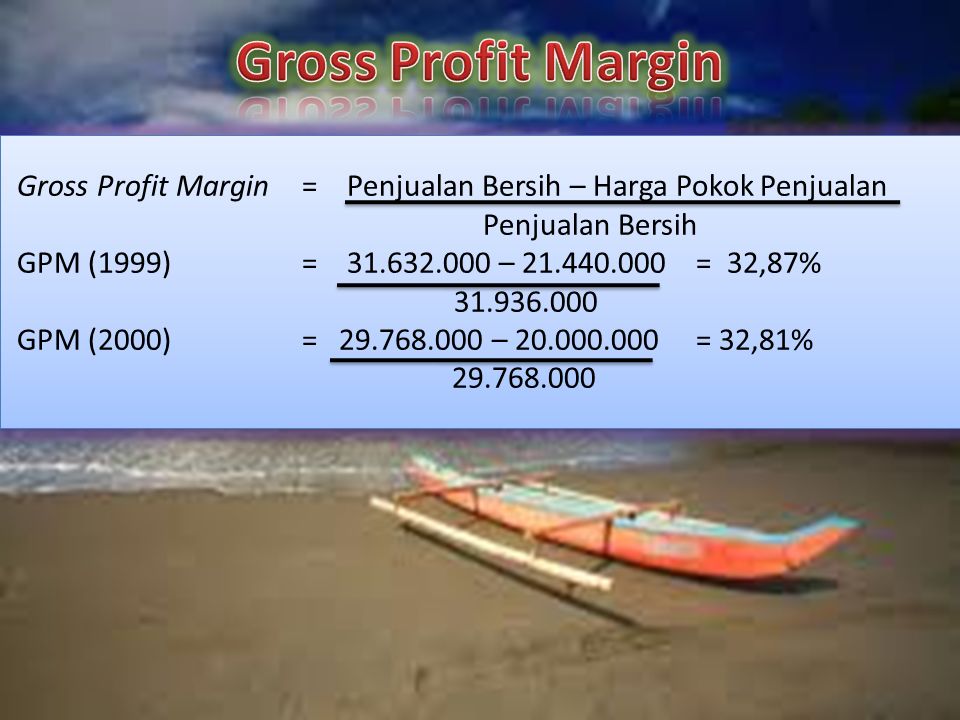 Gross Profit Margin= Penjualan Bersih – Harga Pokok Penjualan Penjualan Bersih GPM (1999) = – = 32,87% GPM (2000) = – = 32,81% Gross Profit Margin= Penjualan Bersih – Harga Pokok Penjualan Penjualan Bersih GPM (1999)= – = 32,87% GPM (2000)= – = 32,81%