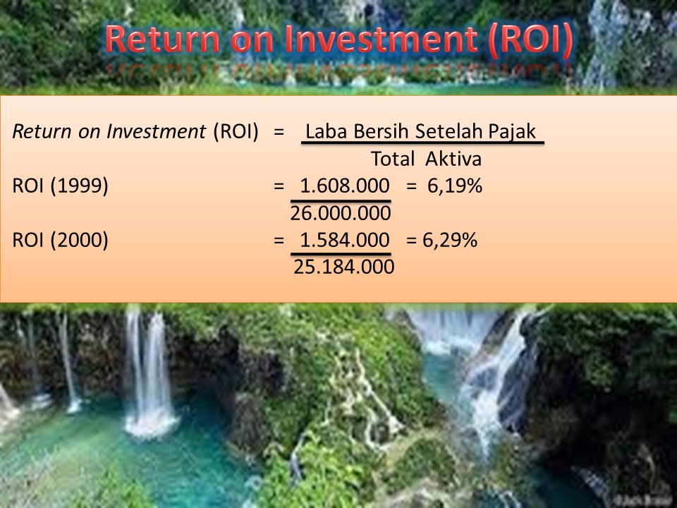 Return on Investment (ROI)= Laba Bersih Setelah Pajak Total Aktiva ROI (1999) = = 6,19% ROI (2000) = = 6,29% Return on Investment (ROI)= Laba Bersih Setelah Pajak Total Aktiva ROI (1999) = = 6,19% ROI (2000) = = 6,29%