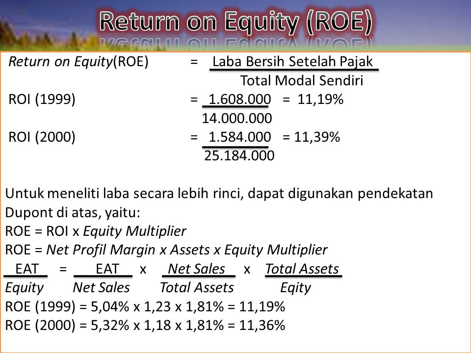 Return on Equity(ROE)= Laba Bersih Setelah Pajak Total Modal Sendiri ROI (1999) = = 11,19% ROI (2000) = = 11,39% Untuk meneliti laba secara lebih rinci, dapat digunakan pendekatan Dupont di atas, yaitu: ROE = ROI x Equity Multiplier ROE = Net Profil Margin x Assets x Equity Multiplier EAT = EAT x Net Sales x Total Assets Equity Net Sales Total Assets Eqity ROE (1999) = 5,04% x 1,23 x 1,81% = 11,19% ROE (2000) = 5,32% x 1,18 x 1,81% = 11,36%