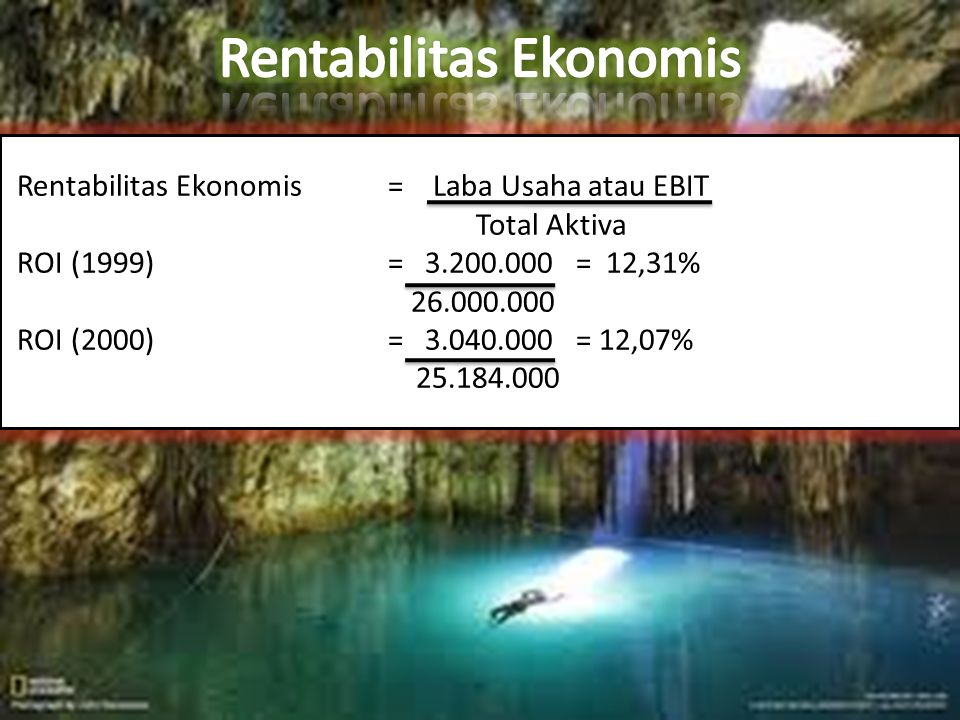 Rentabilitas Ekonomis= Laba Usaha atau EBIT Total Aktiva ROI (1999) = = 12,31% ROI (2000) = = 12,07%