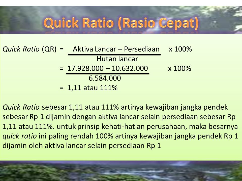 Quick Ratio (QR)= Aktiva Lancar – Persediaan x 100% Hutan lancar = – x 100% = 1,11 atau 111% Quick Ratio sebesar 1,11 atau 111% artinya kewajiban jangka pendek sebesar Rp 1 dijamin dengan aktiva lancar selain persediaan sebesar Rp 1,11 atau 111%.