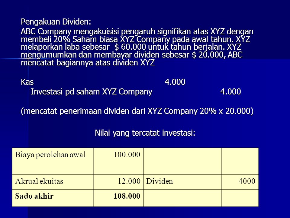 Pengakuan Dividen: ABC Company mengakuisisi pengaruh signifikan atas XYZ dengan membeli 20% Saham biasa XYZ Company pada awal tahun.