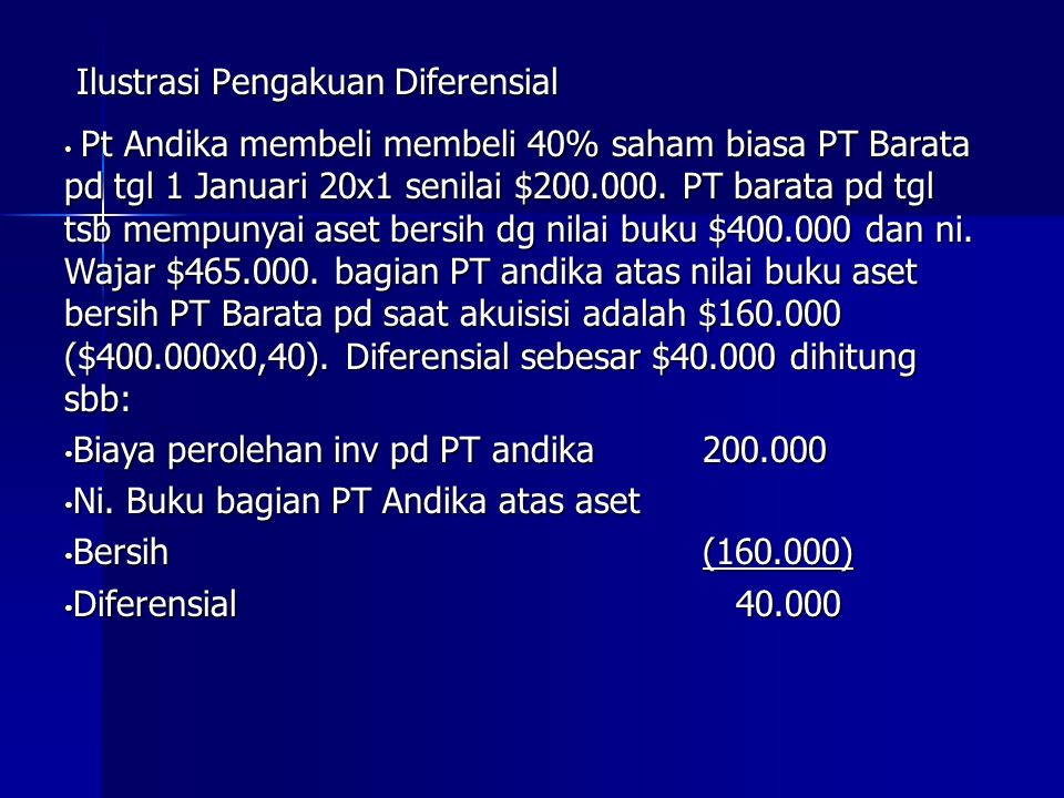 Ilustrasi Pengakuan Diferensial Pt Andika membeli membeli 40% saham biasa PT Barata pd tgl 1 Januari 20x1 senilai $
