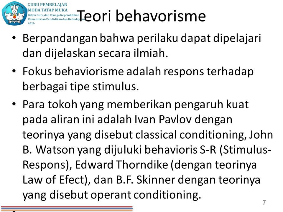 Teori behavorisme Berpandangan bahwa perilaku dapat dipelajari dan dijelaskan secara ilmiah.