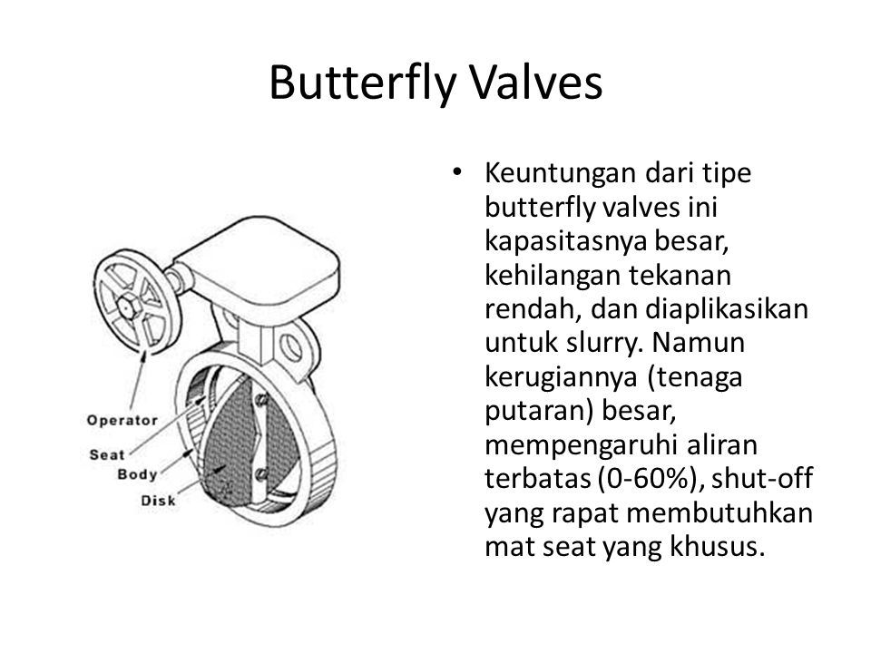 Butterfly Valves Keuntungan dari tipe butterfly valves ini kapasitasnya besar, kehilangan tekanan rendah, dan diaplikasikan untuk slurry.
