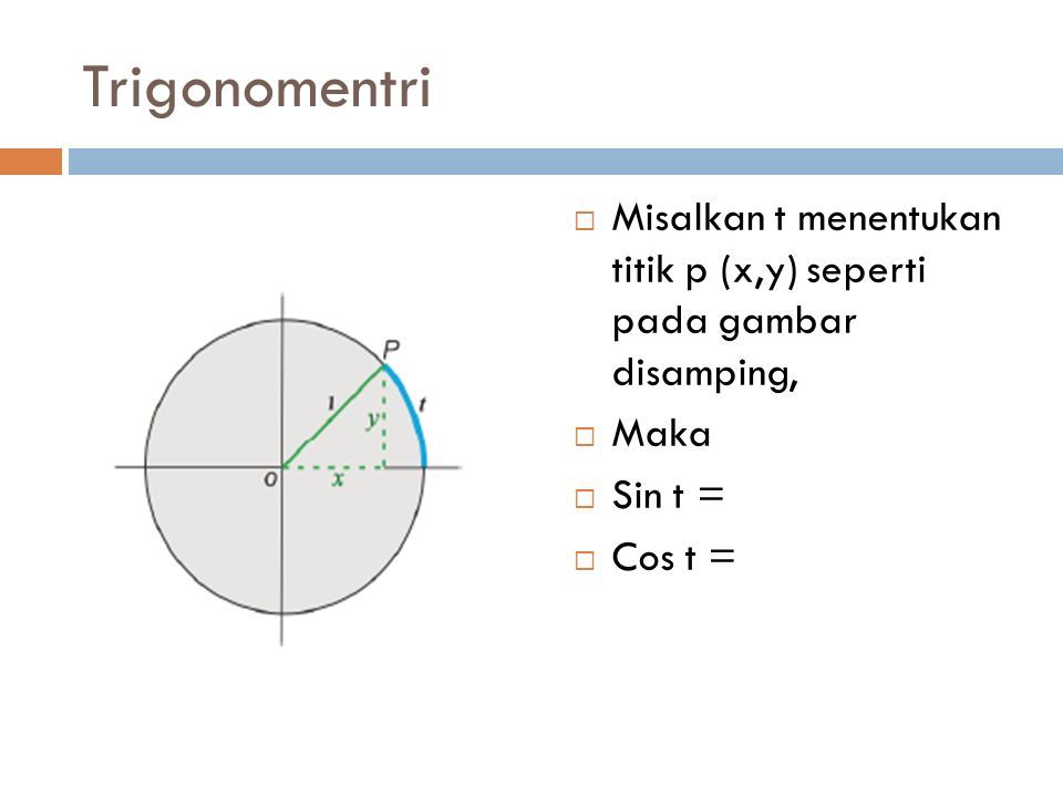Trigonomentri  Misalkan t menentukan titik p (x,y) seperti pada gambar disamping,  Maka  Sin t =  Cos t =