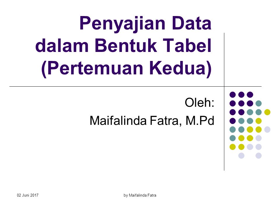 02 Juni 2017by Maifalinda Fatra Penyajian Data dalam Bentuk Tabel (Pertemuan Kedua) Oleh: Maifalinda Fatra, M.Pd