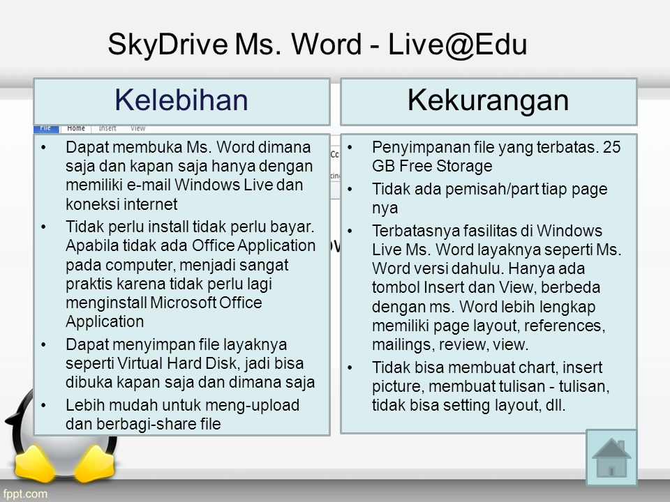 SkyDrive Ms. Word - Kelebihan •Dapat membuka Ms.