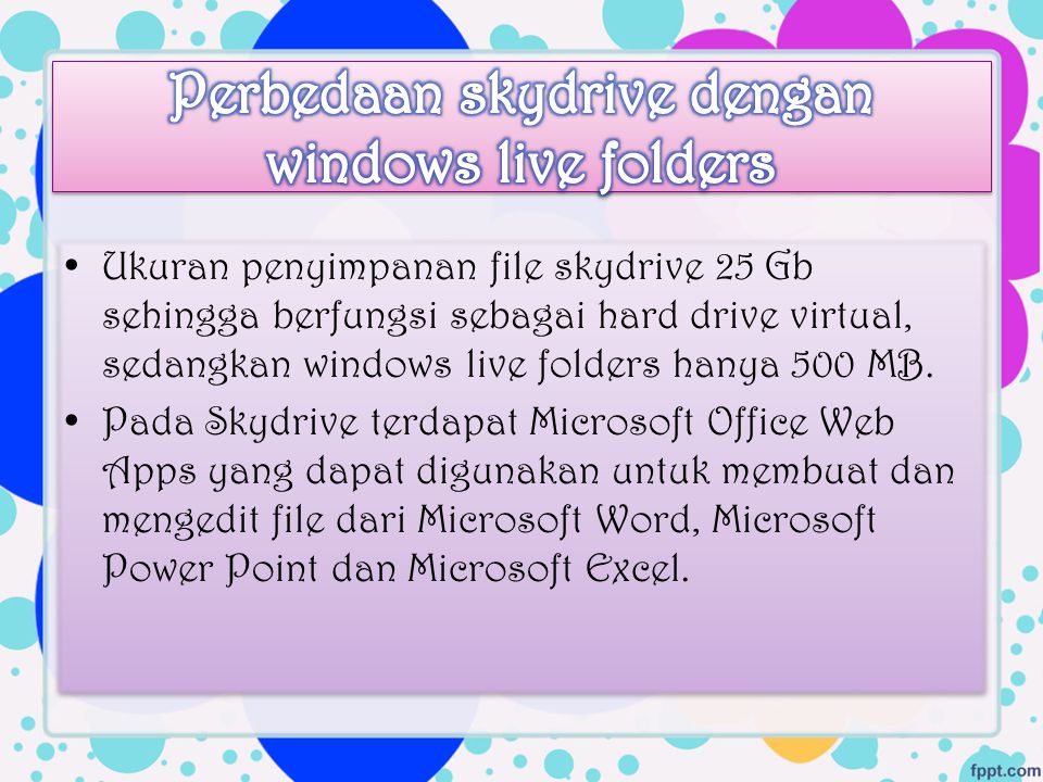 •Ukuran penyimpanan file skydrive 25 Gb sehingga berfungsi sebagai hard drive virtual, sedangkan windows live folders hanya 500 MB.