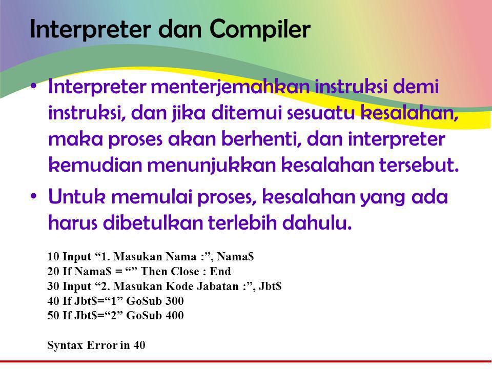 Interpreter dan Compiler • Interpreter menterjemahkan instruksi demi instruksi, dan jika ditemui sesuatu kesalahan, maka proses akan berhenti, dan interpreter kemudian menunjukkan kesalahan tersebut.
