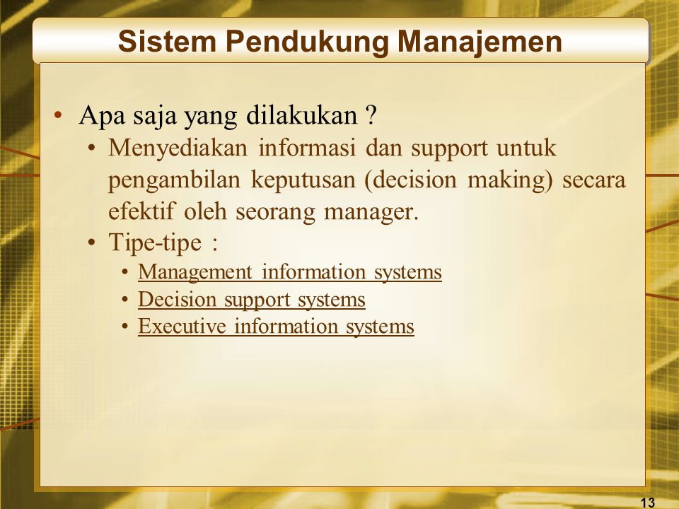 13 Sistem Pendukung Manajemen •Apa saja yang dilakukan .