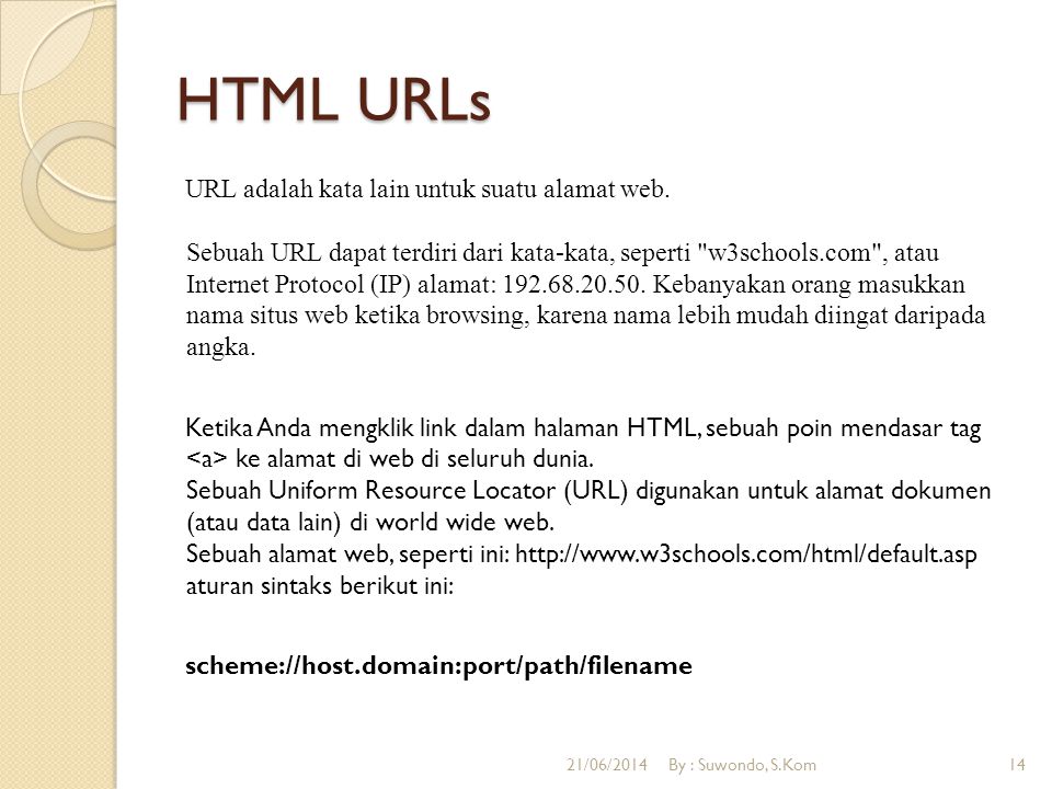 HTML URLs URL adalah kata lain untuk suatu alamat web.