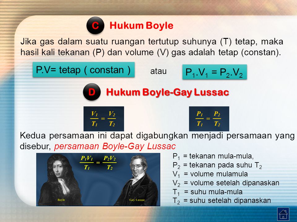 Jika gas dalam suatu ruangan tertutup suhunya (T) tetap, maka hasil kali tekanan (P) dan volume (V) gas adalah tetap (constan).