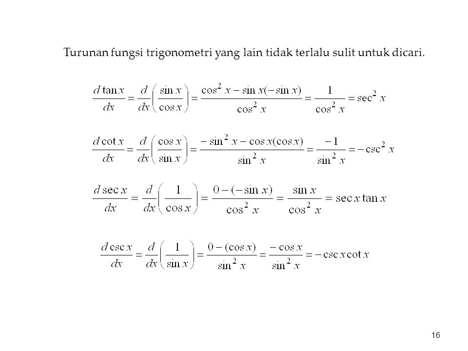 Turunan fungsi trigonometri yang lain tidak terlalu sulit untuk dicari. 16
