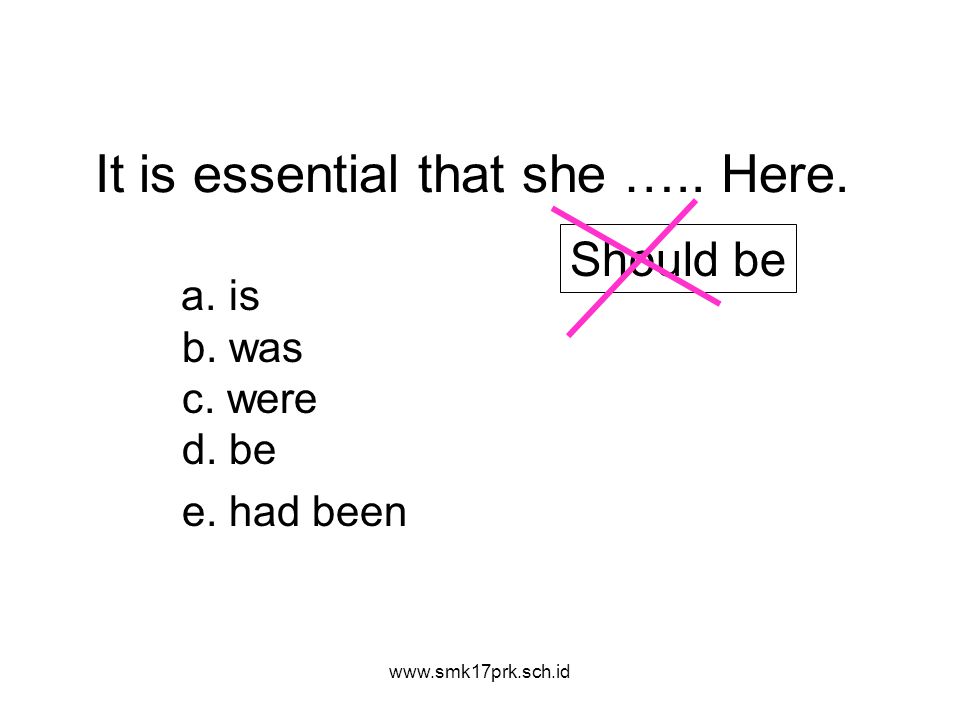 It is essential that she ….. Here. a. is b. was c.