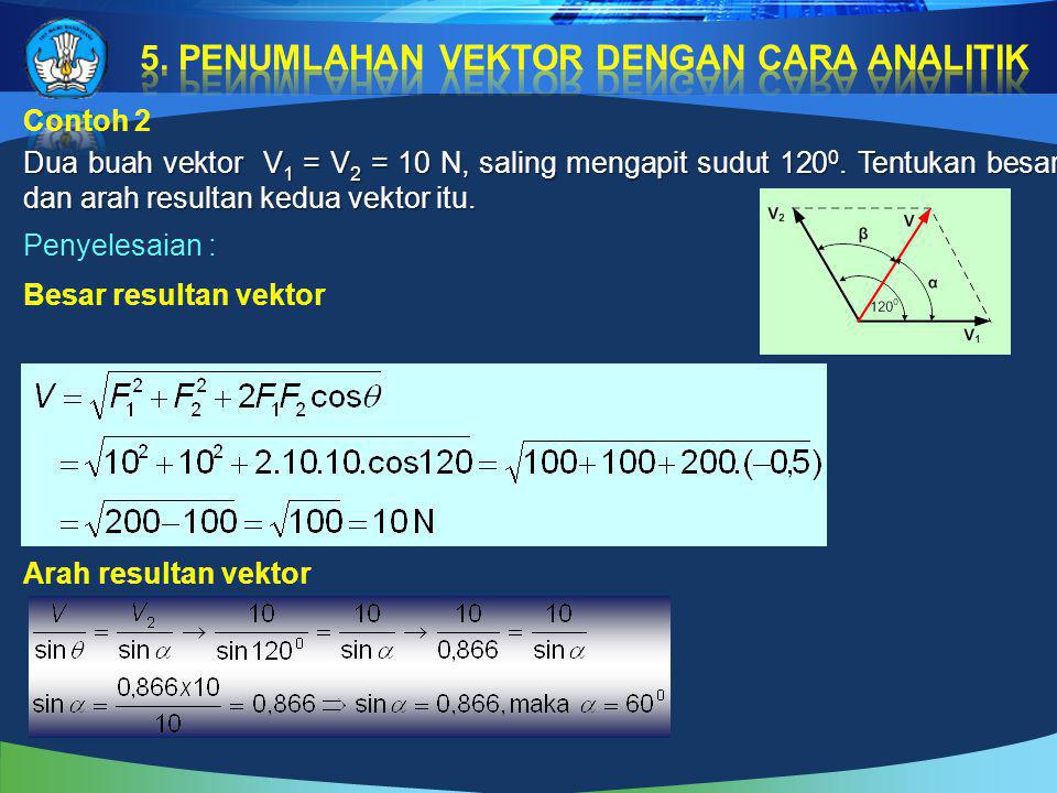 b.Kedua vektor mengapit sudut 60 0 Besar resultan vektor Arah resultan vektor