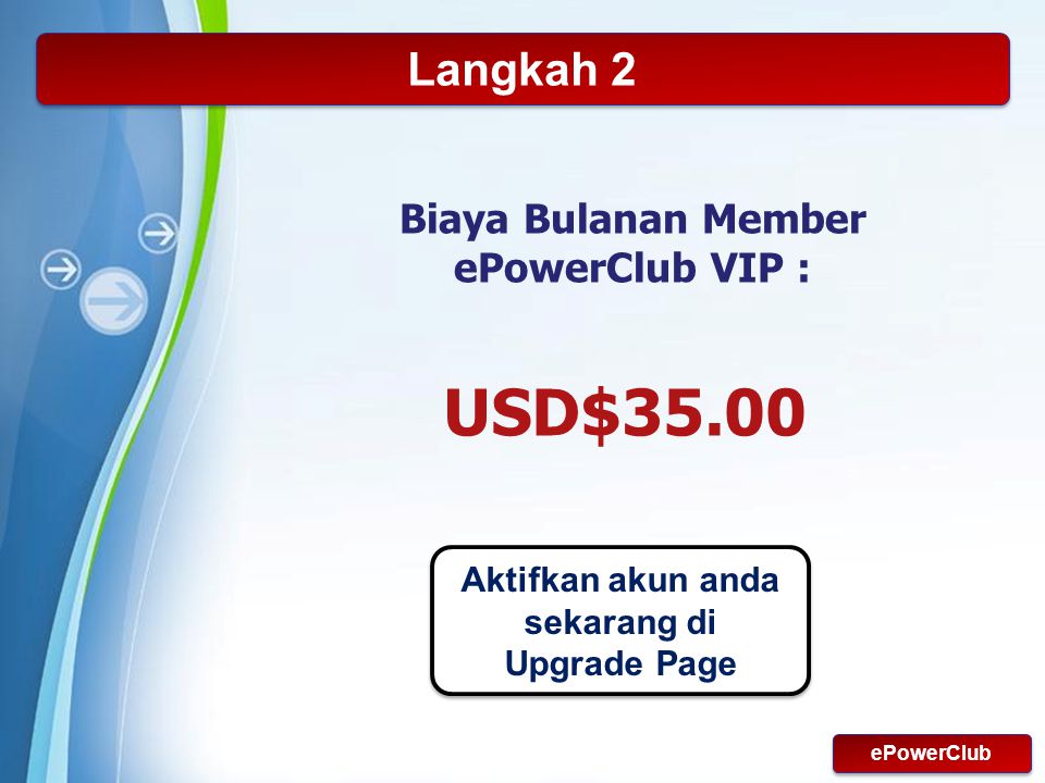 Powerpoint Templates Page 21 Langkah 2 Biaya Bulanan Member ePowerClub VIP : USD$35.00 Aktifkan akun anda sekarang di Upgrade Page ePowerClub