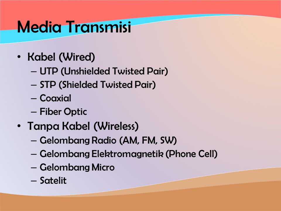 Media Transmisi • Kabel (Wired) – UTP (Unshielded Twisted Pair) – STP (Shielded Twisted Pair) – Coaxial – Fiber Optic • Tanpa Kabel (Wireless) – Gelombang Radio (AM, FM, SW) – Gelombang Elektromagnetik (Phone Cell) – Gelombang Micro – Satelit