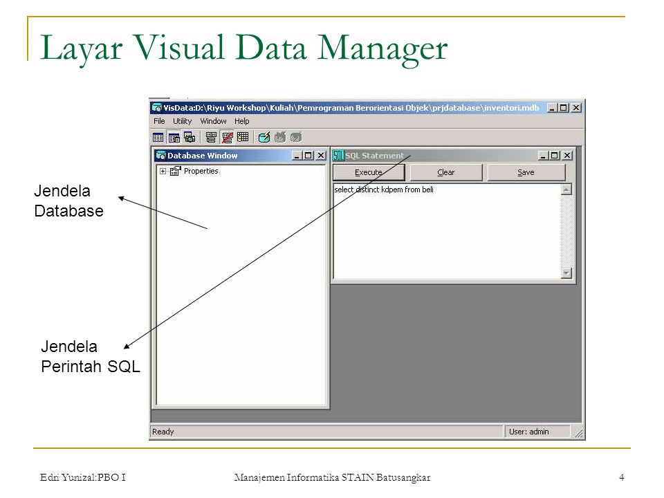 Edri Yunizal:PBO I Manajemen Informatika STAIN Batusangkar 4 Layar Visual Data Manager Jendela Database Jendela Perintah SQL