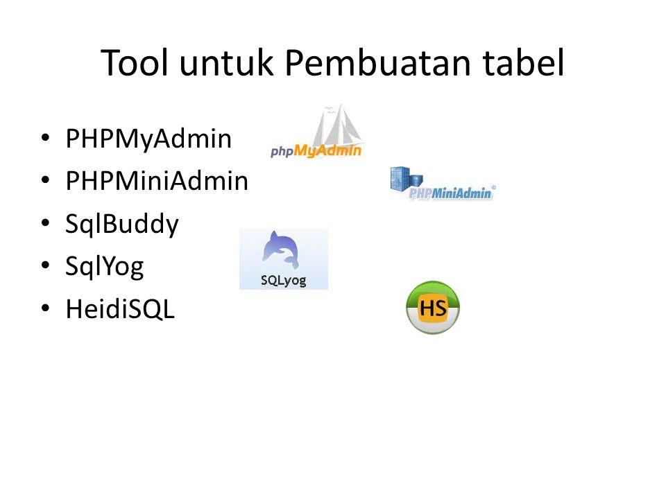 Tool untuk Pembuatan tabel • PHPMyAdmin • PHPMiniAdmin • SqlBuddy • SqlYog • HeidiSQL
